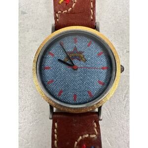 VTG Fossil Watch Womens 35mm Denim Dial Embroidered Band 90s Rare New Battery